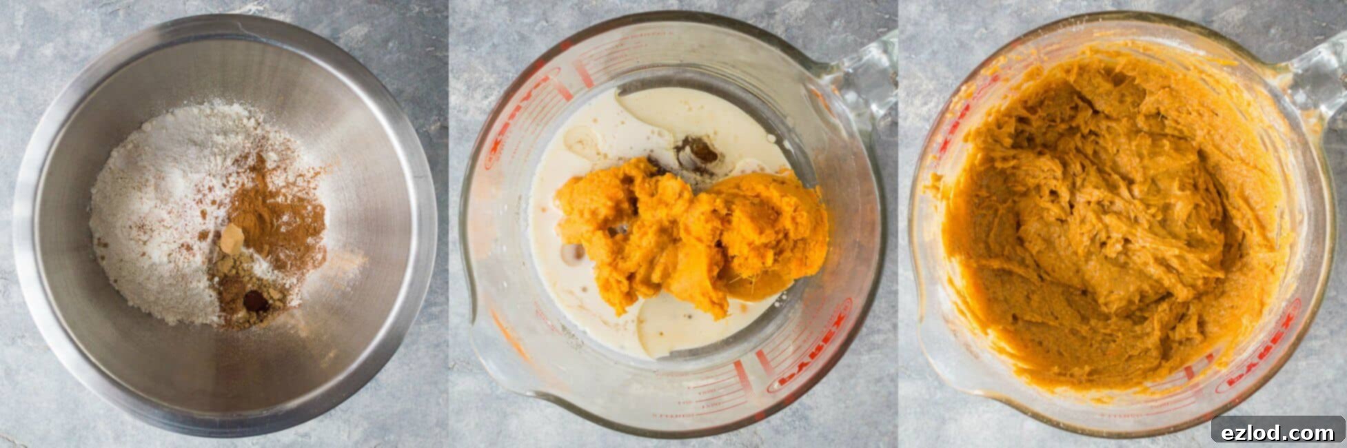 Vegan sweet potato bread batter with dry and wet ingredients combined, ready for the next step of baking.