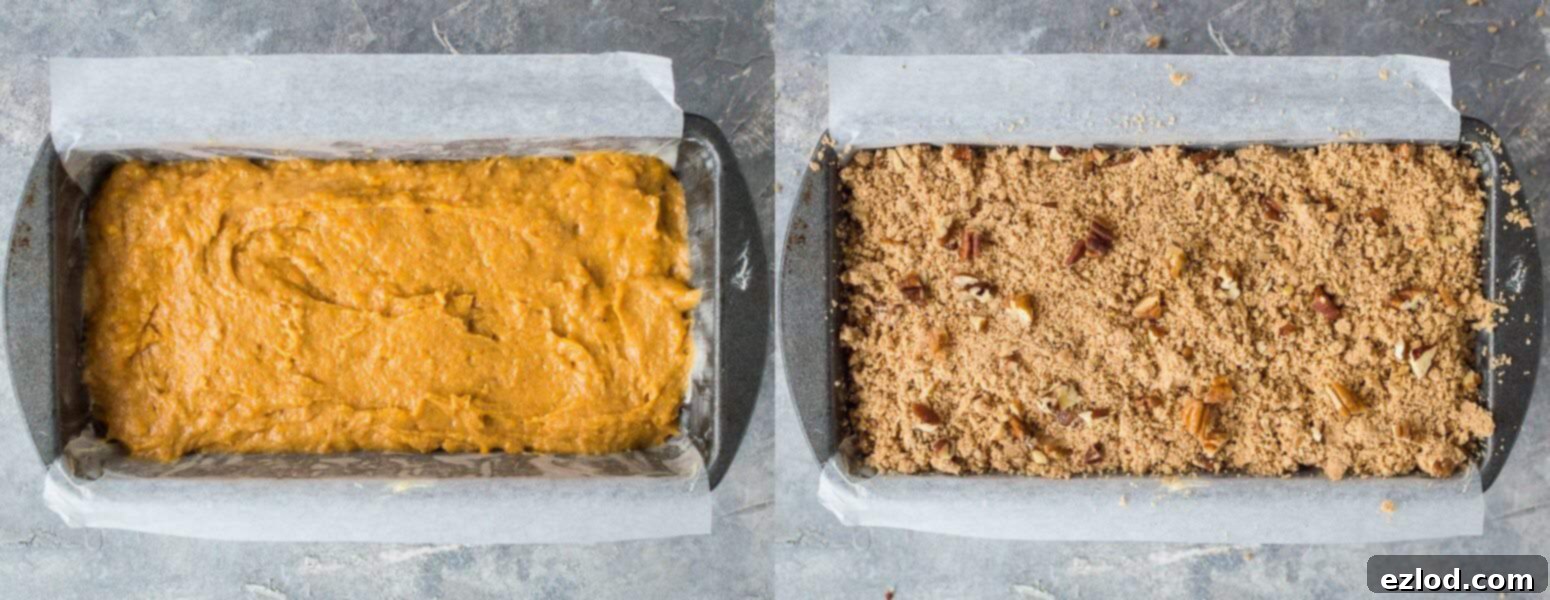 Vegan sweet potato bread batter with streusel topping applied, ready for baking in a lined loaf tin.