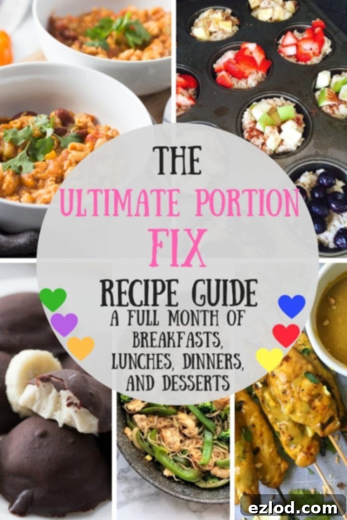 A vibrant collage of healthy Ultimate Portion Fix meals, featuring a colorful salad, a hearty dinner plate, and a delicious dessert, all perfectly portioned for a balanced diet.