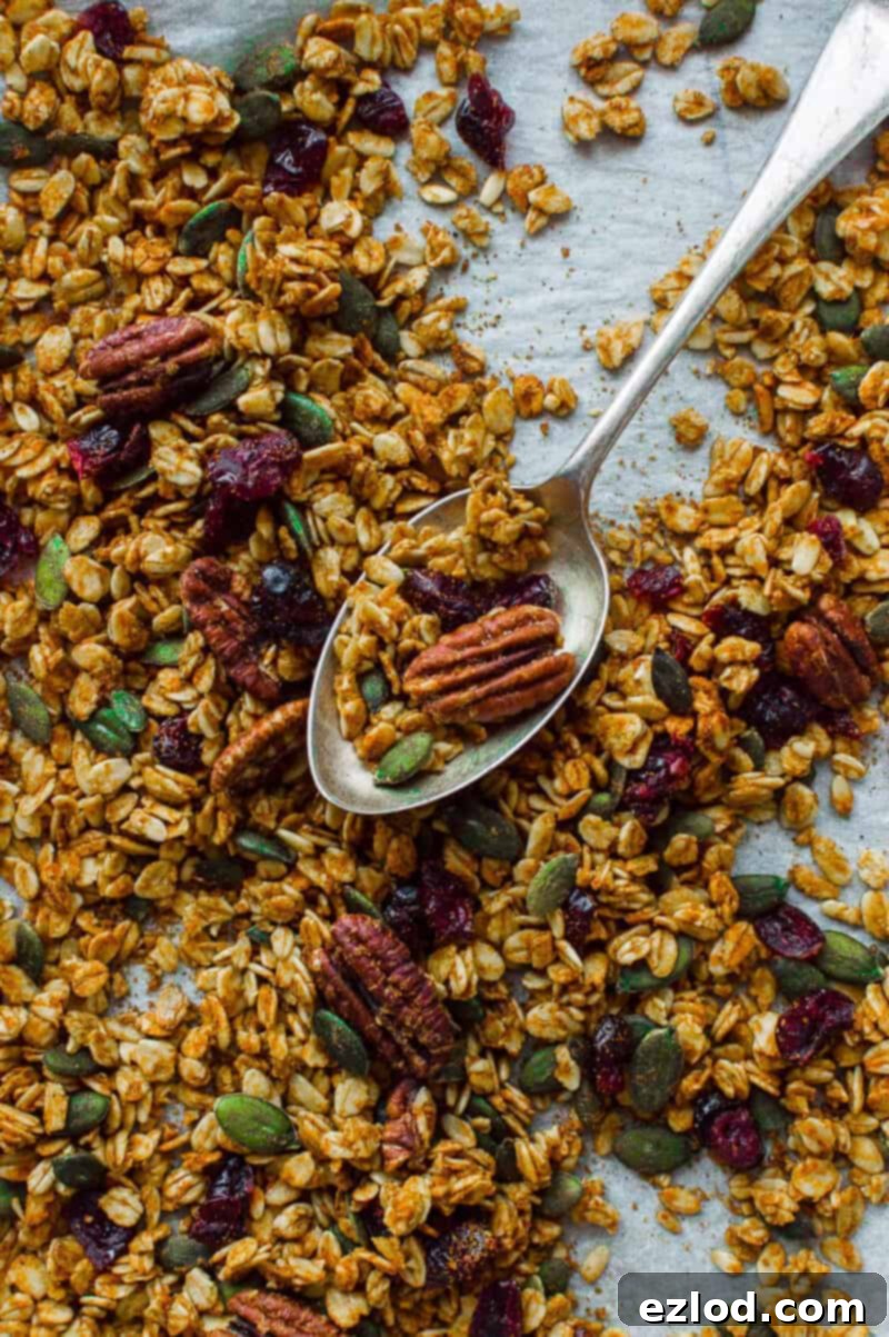 Pumpkin spice granola - this easy to make vegan granola is crunchy, flavourful and utterly addictive! Perfect for breakfast with milk or yogurt, or just for eating by the handful as a snack. #granola #vegan #plantbased #breakfast #snack #pumpkinspice