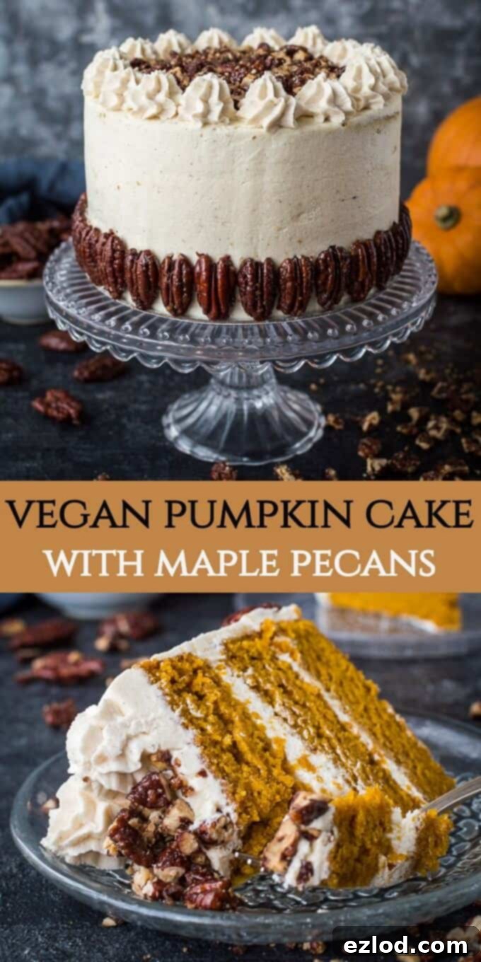 Vegan pumpkin cake with maple pecans and cinnamon buttercream - this easy to make, fluffy, moist and perfectly spiced cake is perfect for Autumn; you would never guess that it's vegan! #vegan #pumpkinspice #layercake #vegancake #veganbaking #pumpkincake img 8160 9