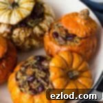 Stuffed mini pumpkins with cranberry and pecan vegetable wild rice in a casserole dish. Vegan and gluten free.