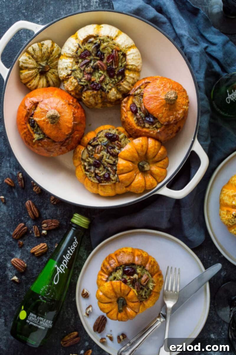 Cranberry and pecan wild rice stuffed mini roastedpumpkins in a dish and on plates on a dark background.