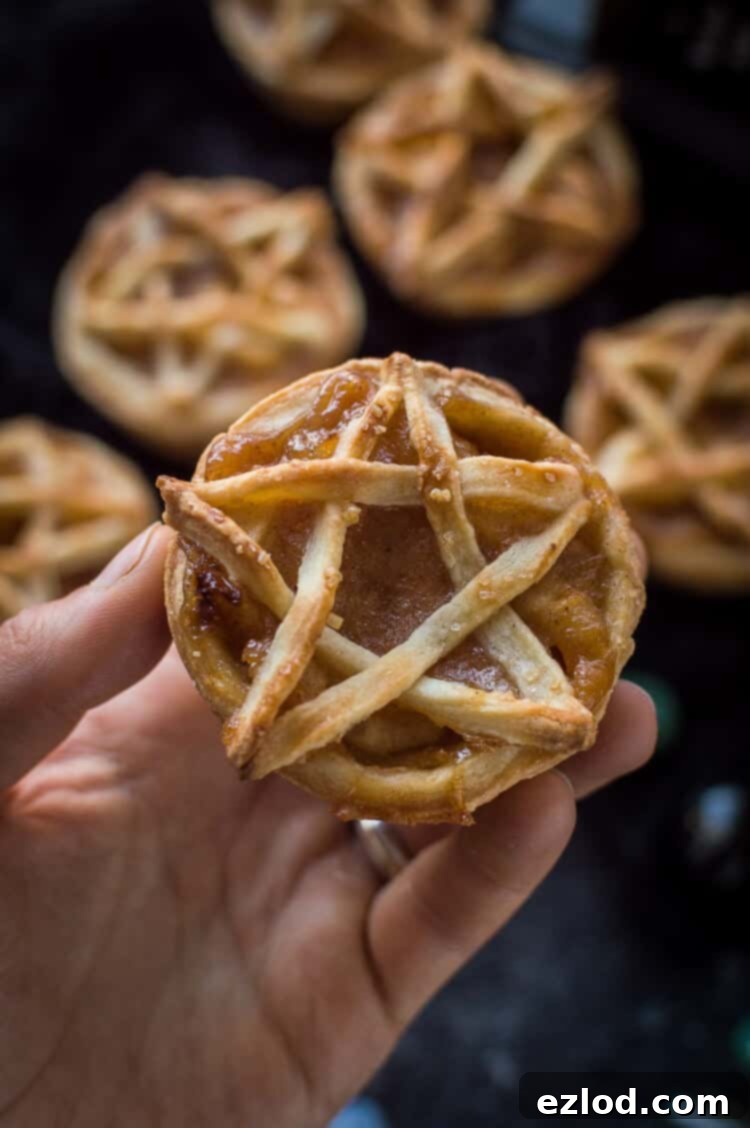 A mini, pentagram topped vegan apple pie being held.