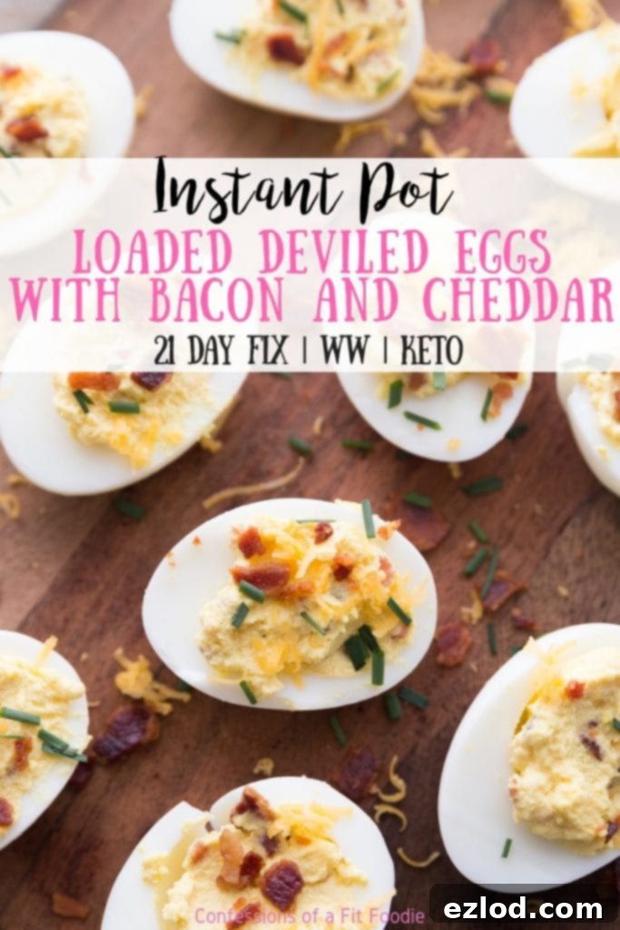 A vibrant display of Instant Pot Deviled Eggs ready for serving, garnished with bacon and chives