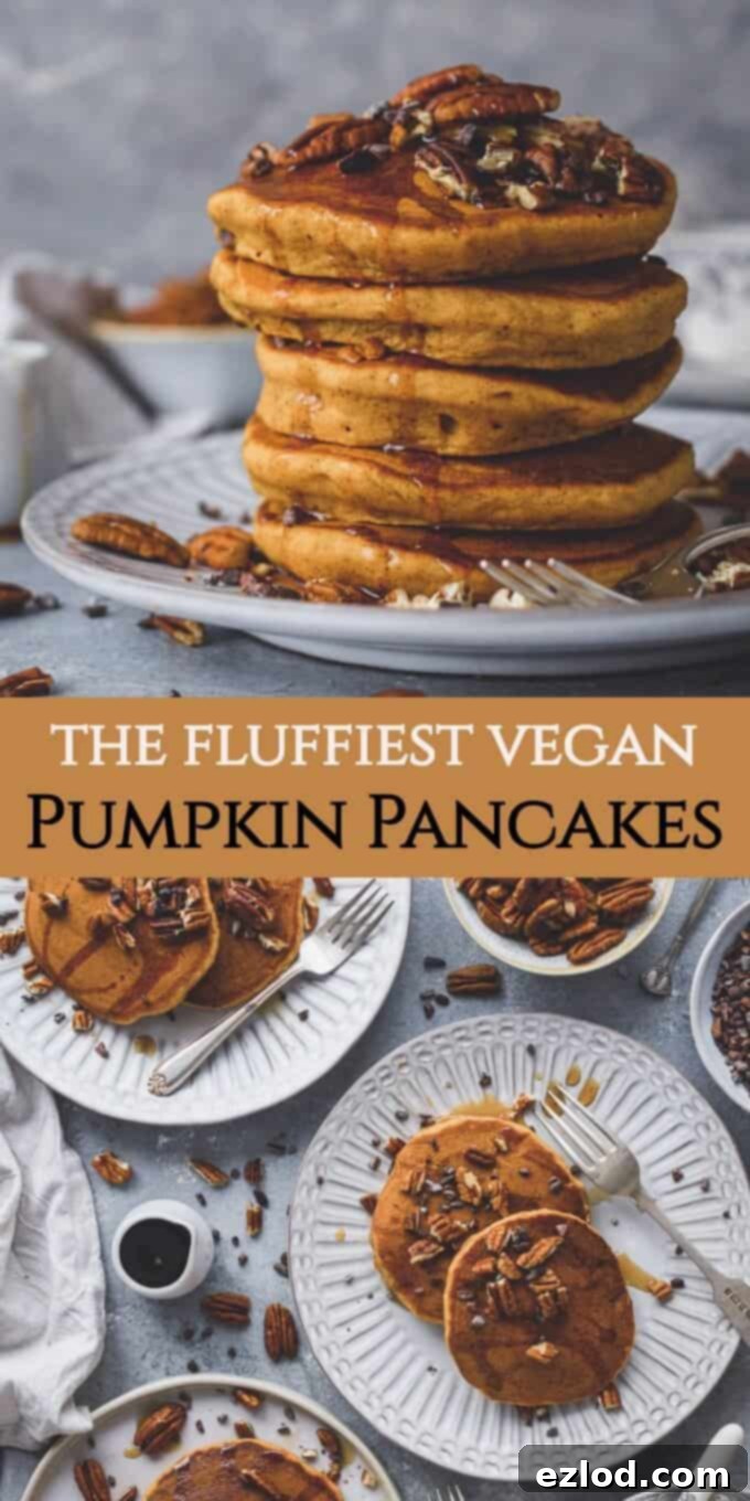 A large, inviting close-up of a stack of fluffy vegan pumpkin pancakes, glistening with maple syrup and adorned with toasted pecans and cacao nibs. This vibrant image showcases the perfect autumn breakfast, highlighting its vegan and pumpkin spice elements for SEO.