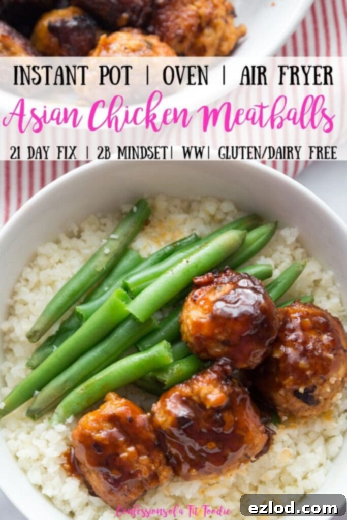 Pinterest image with text overlay for Asian Chicken Meatballs 