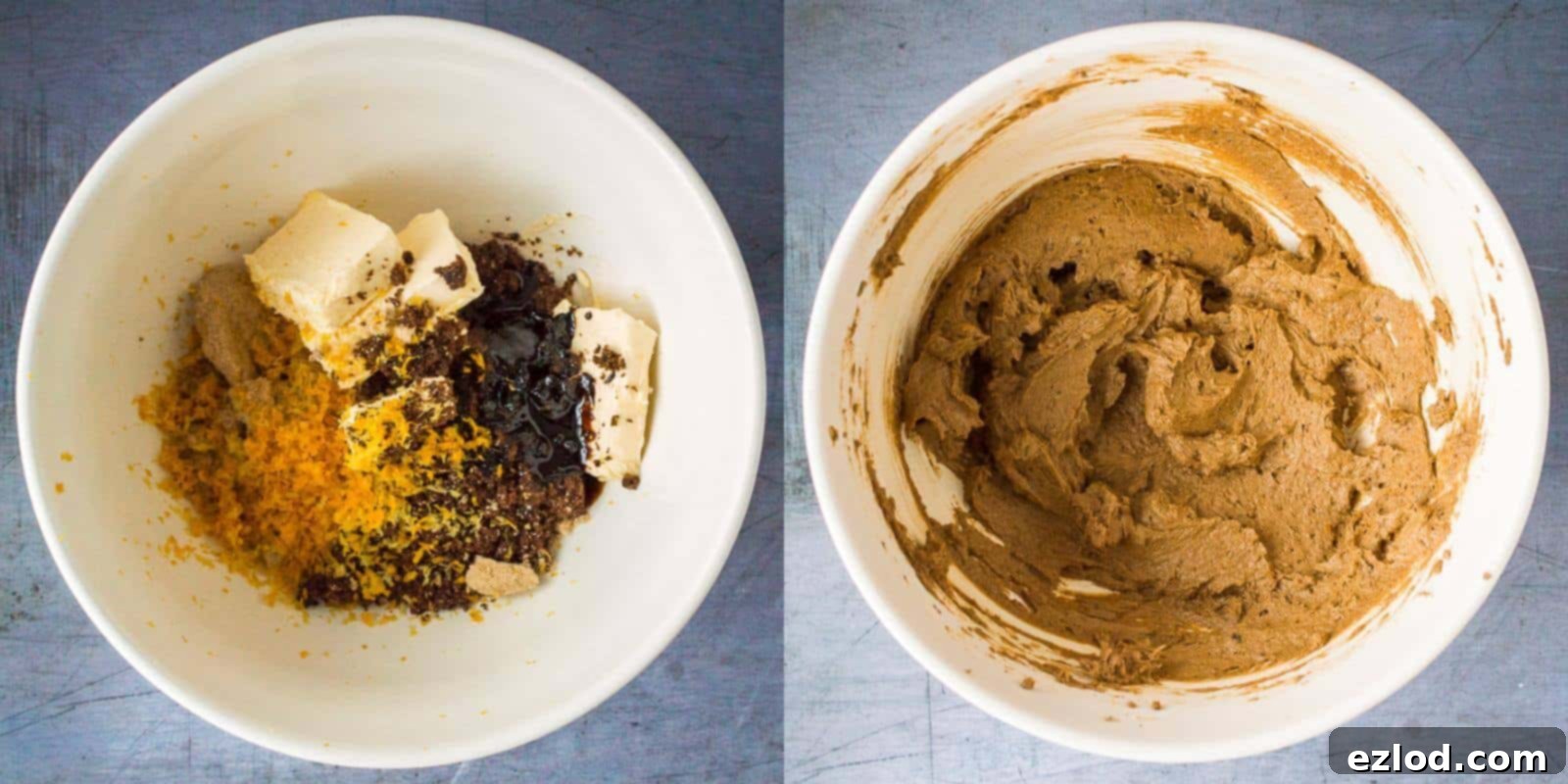 Step 2: A large mixing bowl containing creamed dairy-free margarine, brown sugars, rich treacle, and fragrant citrus zest, whipped until fluffy, forming the base of the vegan Christmas cake batter.