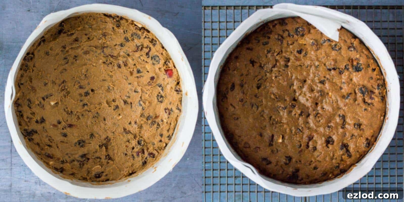 Step 4: A freshly baked vegan Christmas cake, still nestled in its round tin, slowly cooling on a wire rack after its long, gentle bake in the oven. The cake's rich aroma fills the air.