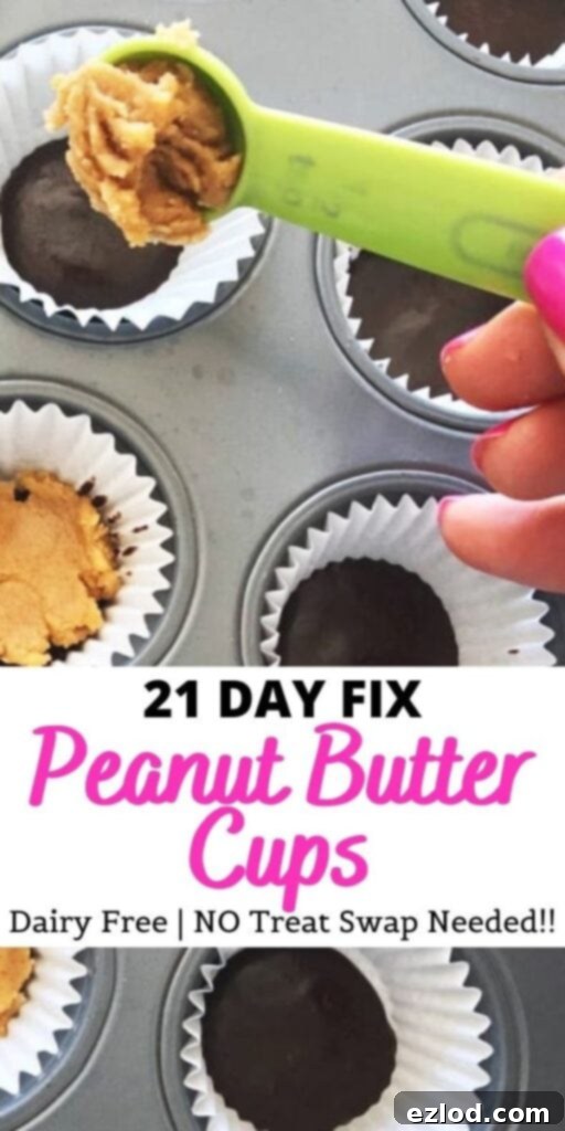 A mini muffin tin being filled with peanut butter filling on top of chocolate layer. Text overlay- 21 Day Fix - Only 1 1/2 tsp per cup! | Healthy Reese's Peanut Butter Cups | Confessions of a Fit Foodie