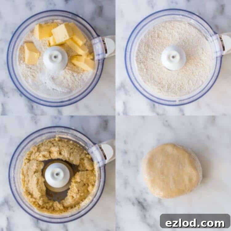 Step-by-step image illustrating the preparation of the vegan shortcrust pastry, showing the dough being brought together on a floured surface. This forms the base for the starry mince pie tart.