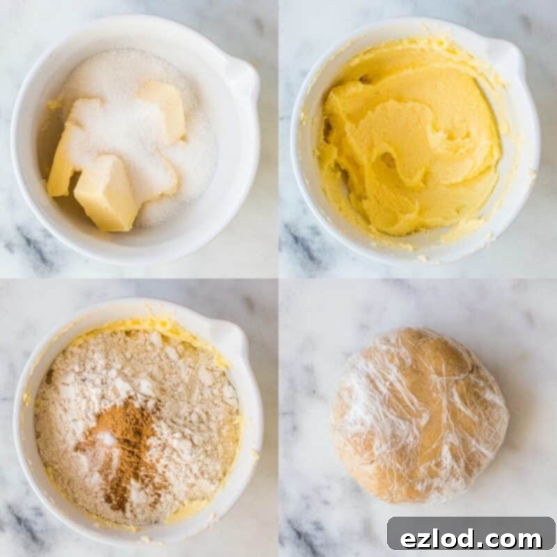 Step-by-step image detailing the process of preparing the dough for the cinnamon shortbread stars, showing the ingredients mixed and ready to be chilled. These stars will top the vegan mince pie tart.