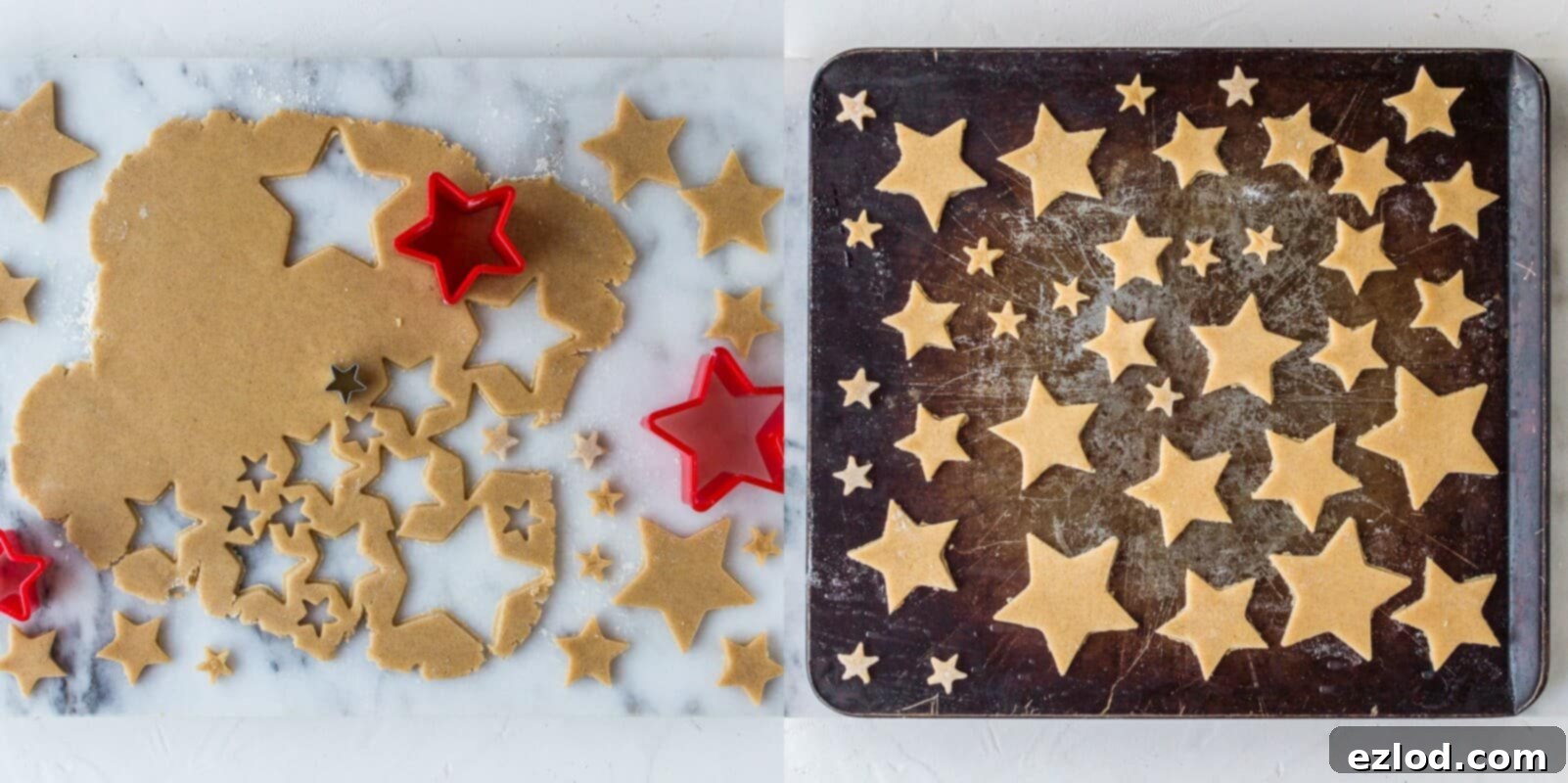 Step-by-step image showcasing the cutting of cinnamon shortbread stars, laid out on a baking tray before freezing. These stars will be the festive topping for the vegan mince pie tart.