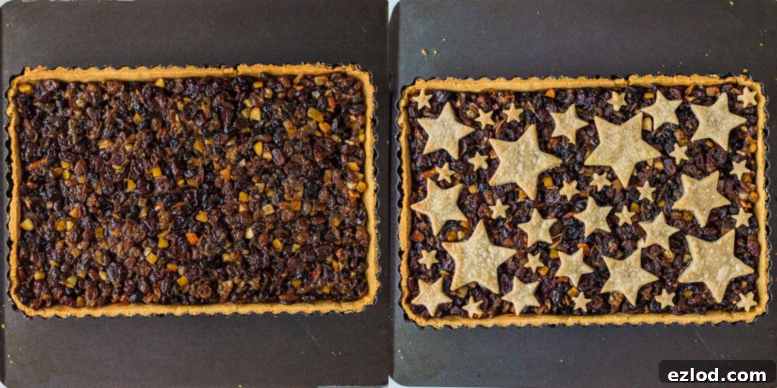 Step-by-step image of the starry mince pie tart baking in the oven, with the mincemeat filled and cinnamon shortbread stars arranged on top, gradually turning golden brown.