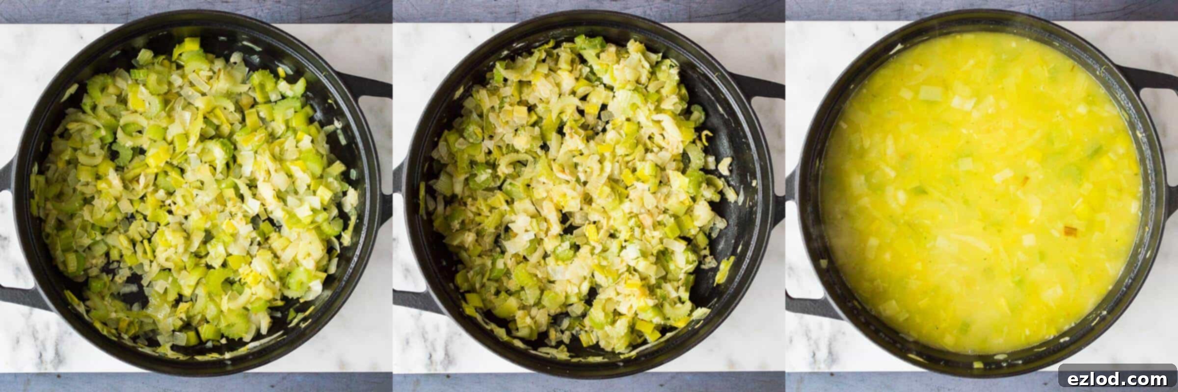 Step-by-step image showing the initial stage of making the vegan winter vegetable stew: sautéing onions, leeks, and celery in a pan with olive oil and dairy-free margarine, before adding garlic and flour.