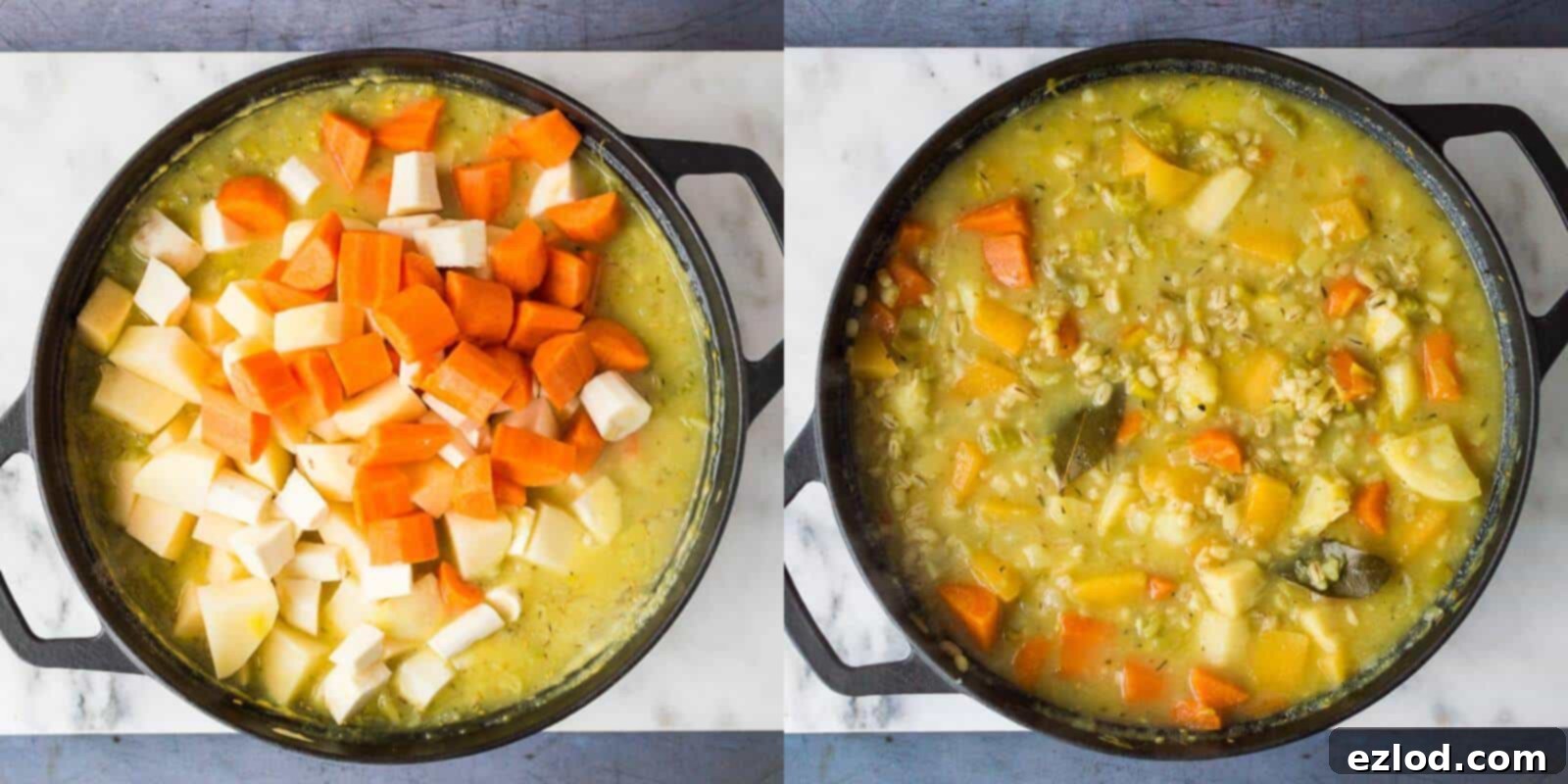 Step-by-step image of the vegan winter vegetable stew simmering on the stovetop, with pearl barley and root vegetables visible, indicating the stew is cooking to a tender consistency.