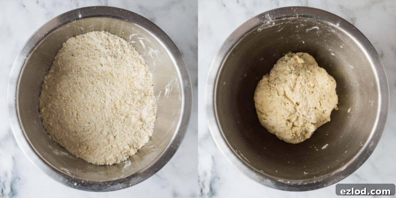 Step-by-step image illustrating the process of making herby dumpling dough: dry ingredients mixed, cold dairy-free margarine added, and being rubbed in by hand, showing the breadcrumb-like texture.
