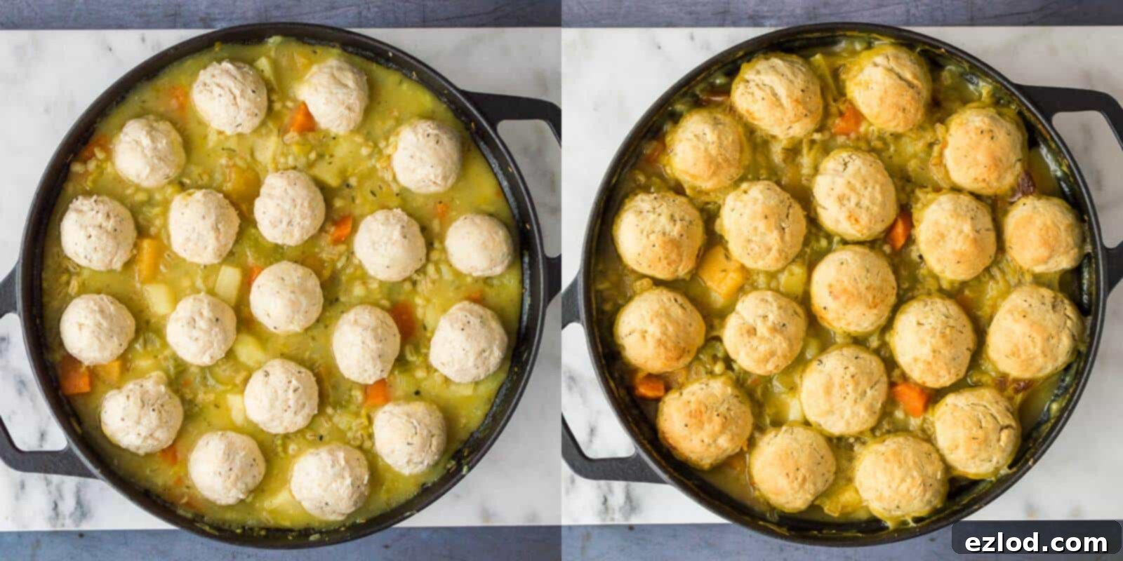 Step-by-step image showing the final stage of the vegan winter vegetable stew: the pot in the oven with herby dumplings browning on top, achieving a golden, puffy texture.