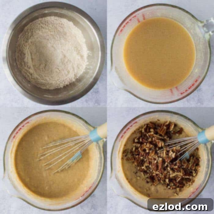 A mixing bowl filled with the vegan maple pecan cake batter, showcasing its rich brown color and visible chopped pecans, ready to be poured into baking tins.