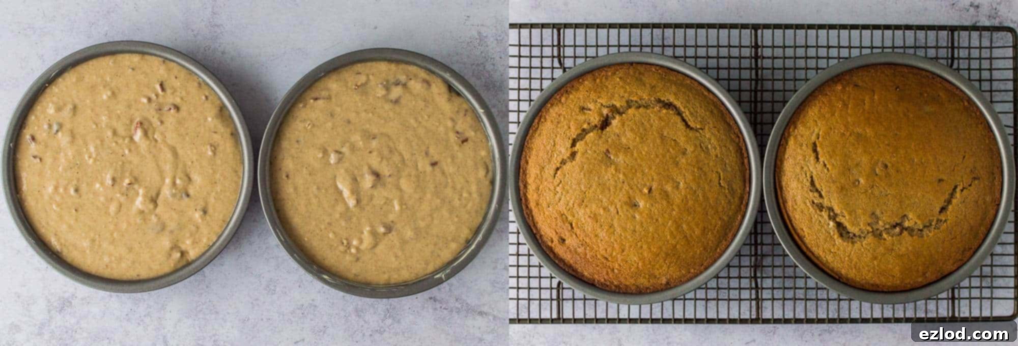 Two golden-brown vegan maple pecan cake layers cooling in their round baking tins on a wire rack after being freshly baked, exhibiting a light, airy texture.