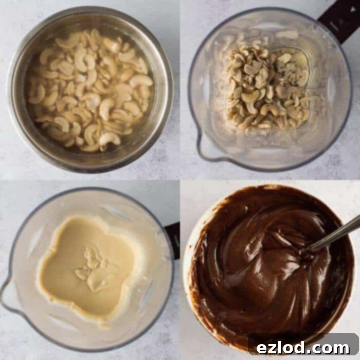 A bowl filled with rich, smooth chocolate cashew cream frosting, freshly blended and ready to be chilled before spreading onto the cake.