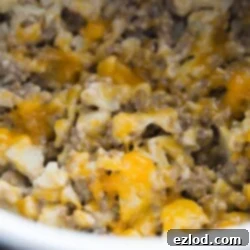 A tantalizing image of the finished Instant Pot Cauliflower Cheeseburger Mac, highlighting its cheesy, comforting appearance.