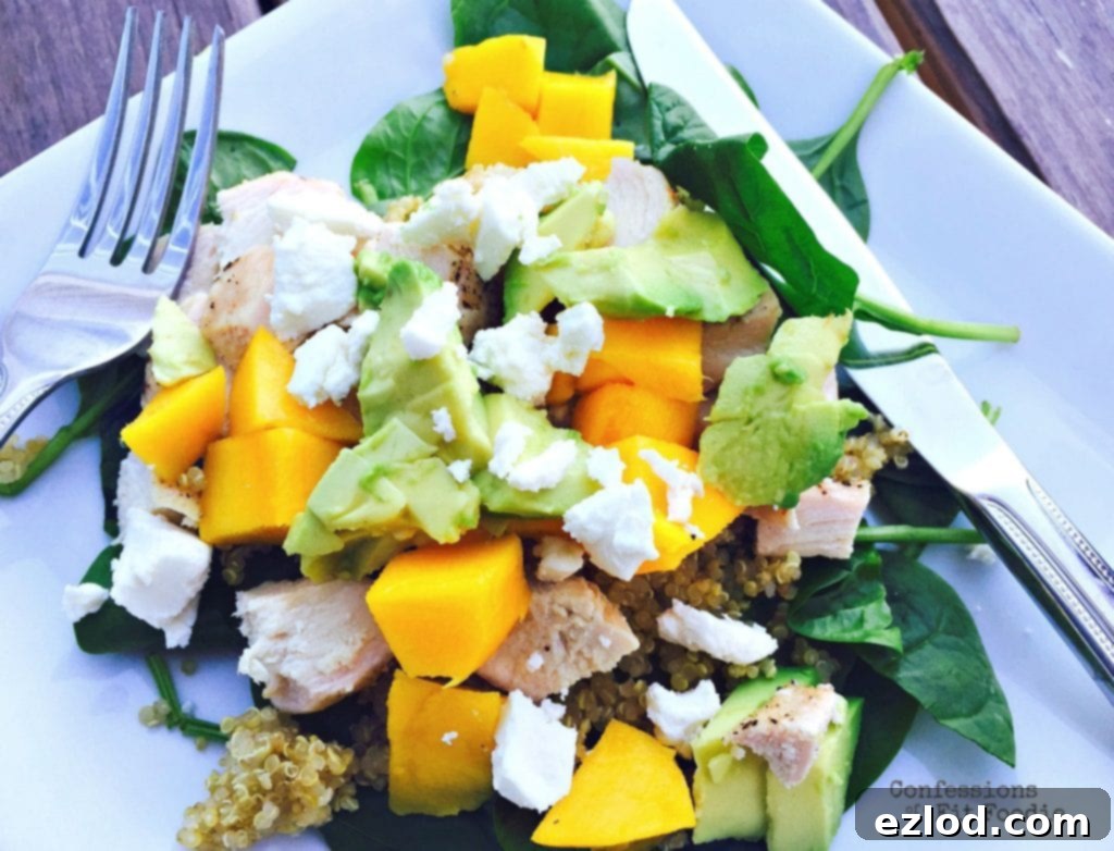 Vibrant Avocado Mango and Quinoa Salad featuring chicken on a bed of fresh spinach