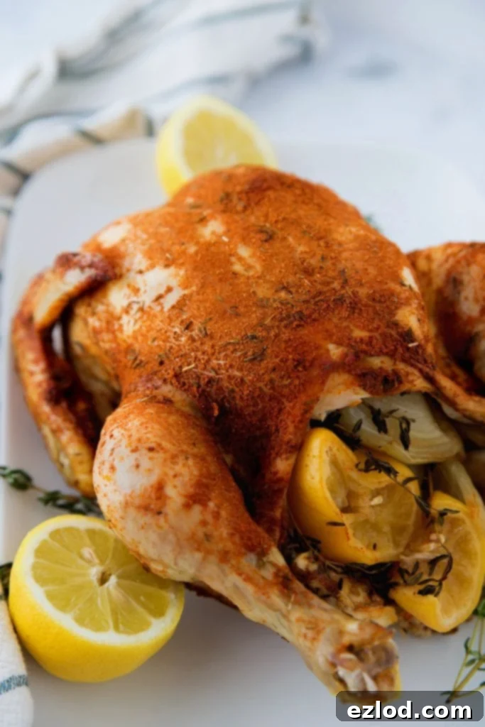 Cooked spice rubbed whole chicken with lemon wedges on cutting board, ready to be carved after Instant Pot cooking