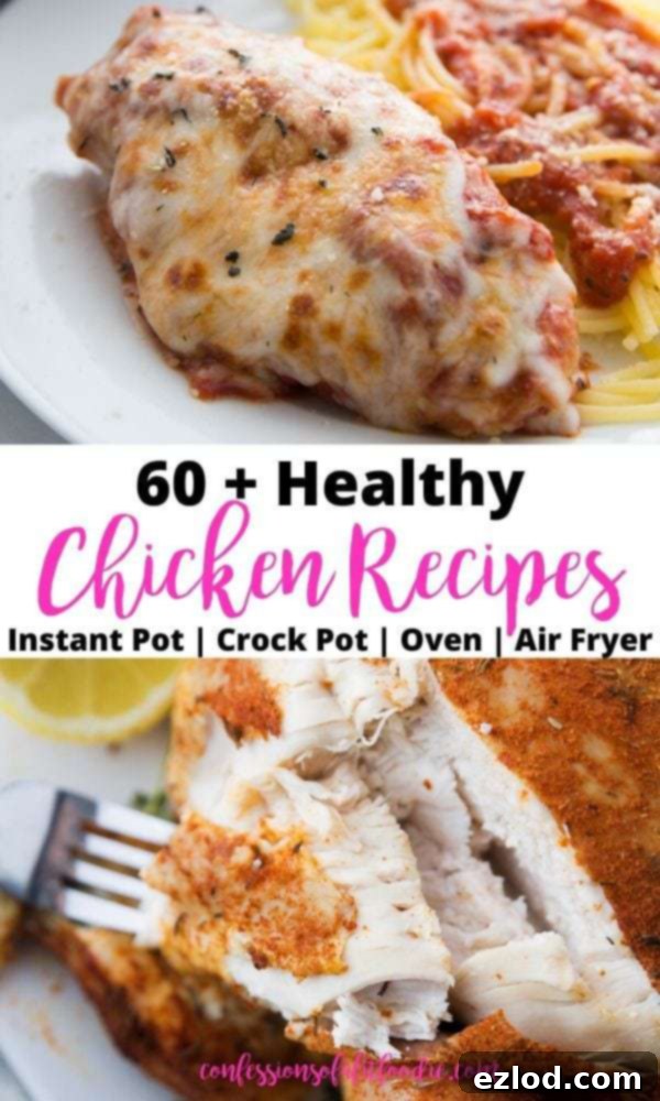 Pinterest graphic with text overlay for 60 plus healthy chicken recipes and 21 Day Fix container counts