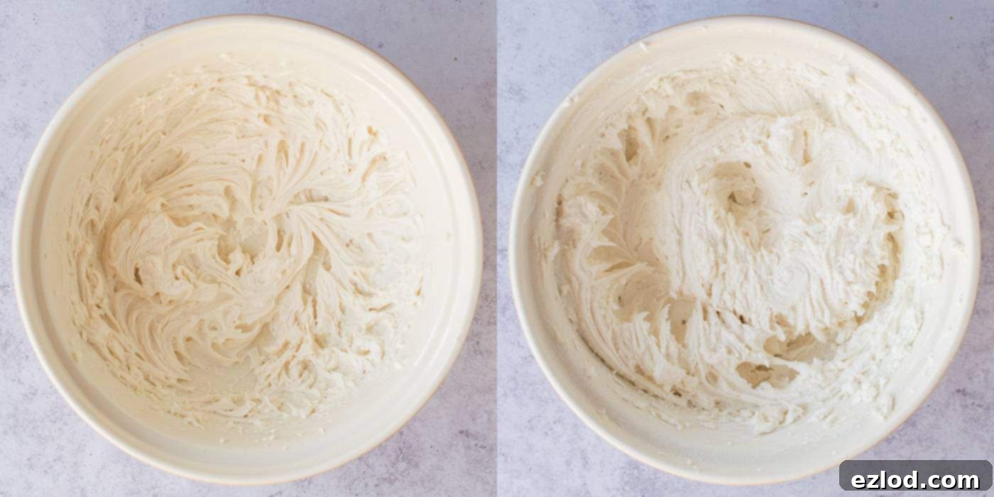 Smooth and creamy vegan cream cheese frosting in a bowl, ready for cake assembly.
