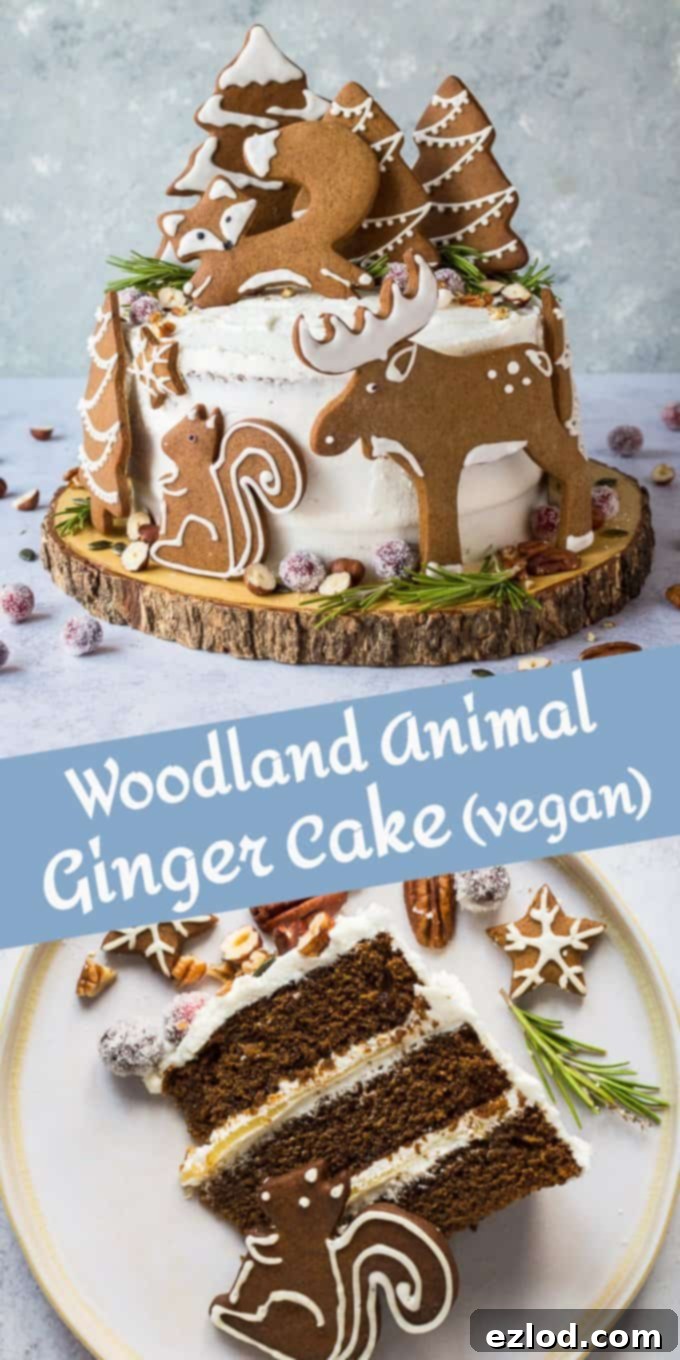 Woodland animal ginger cake Pinterest image - an impressive vegan ginger cake with lemon curd, cream cheese frosting and whimsical gingerbread woodland animals, perfect for Christmas!