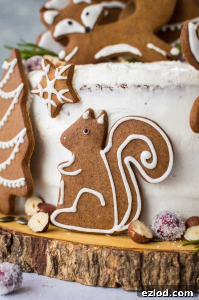 Close up of a decorated vegan gingerbread squirrel cookie, adding a whimsical touch to the ginger cake.