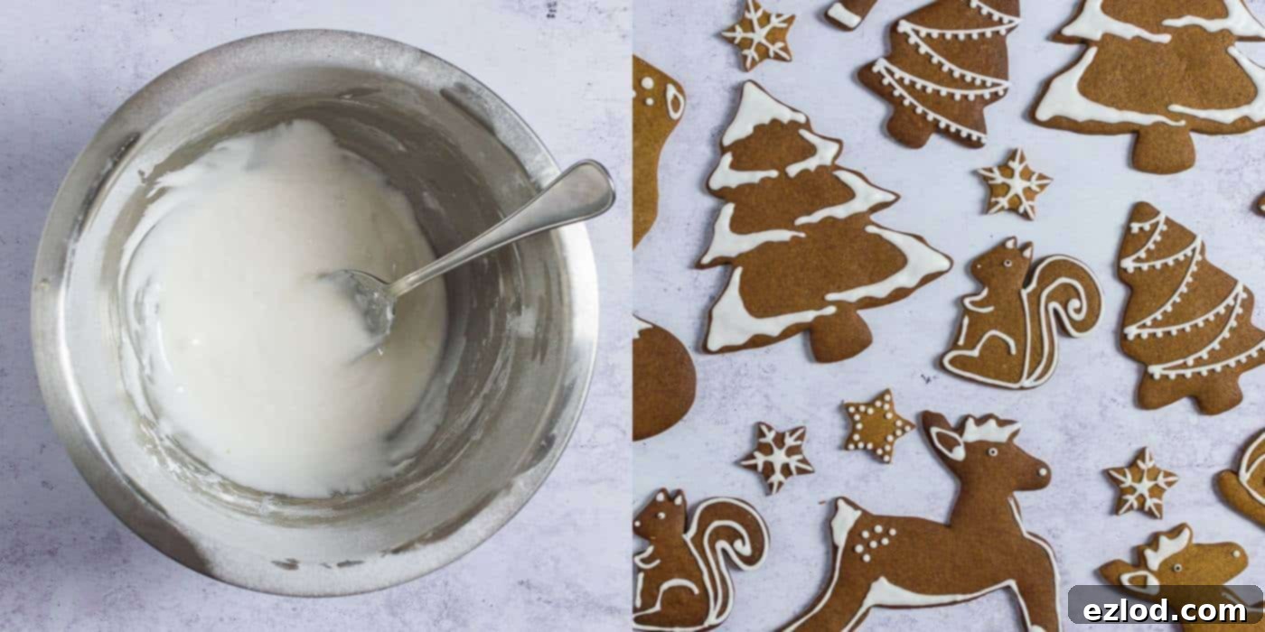 Step 3 in making vegan gingerbread cookies: intricate piping with vegan royal icing on gingerbread shapes.