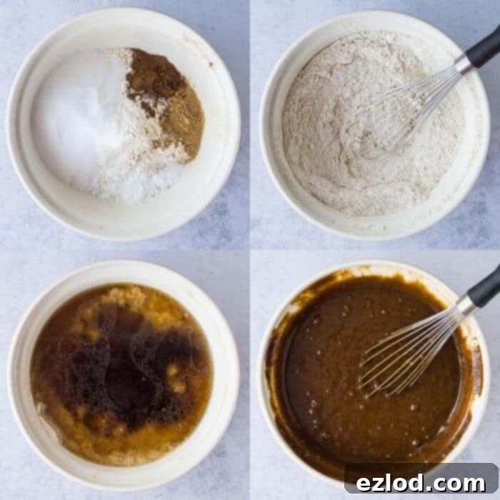 Step 1 in making vegan ginger cakes: whisking together dry and wet ingredients to form the cake batter.