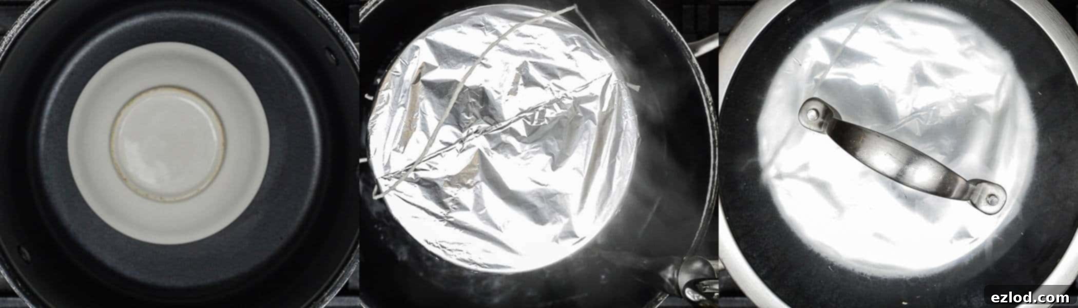 Step 7: Steaming the pudding basin in a large saucepan with a saucer trivet and boiling water, covered with a lid, over low heat for a gentle simmer.