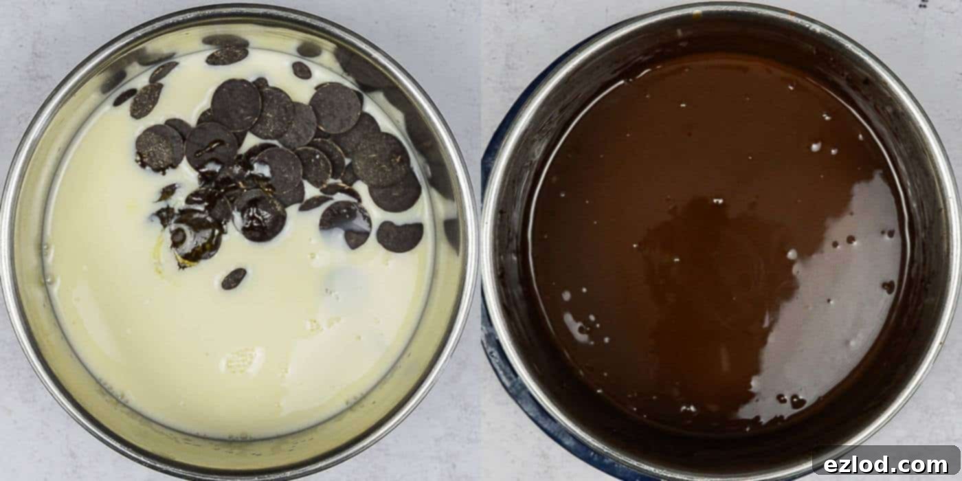 Step 8: Preparing the vegan chocolate sauce by melting chopped dark chocolate, non-dairy milk, golden syrup, and vanilla extract in a pan over low heat until smooth.