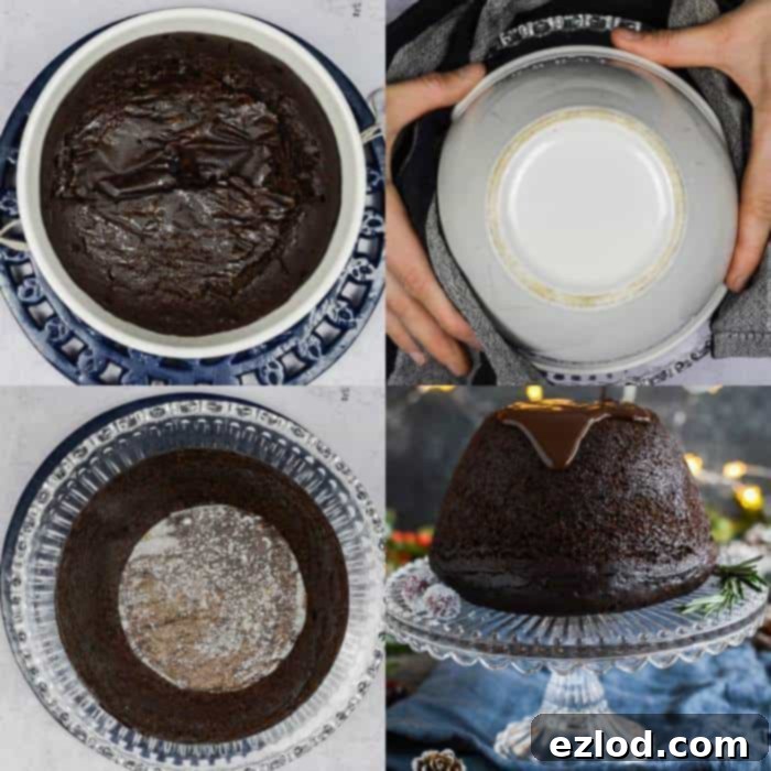 Step 9: Gently turning out the steamed vegan chocolate pudding onto a serving platter after removing the string, foil, and parchment, ready for serving.