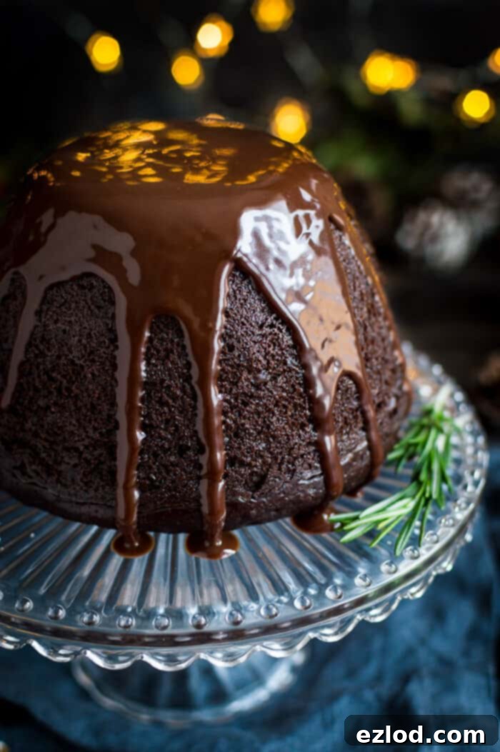 Close-up shot of a steaming vegan chocolate pudding, generously covered with a glistening chocolate sauce, showcasing its decadent texture.