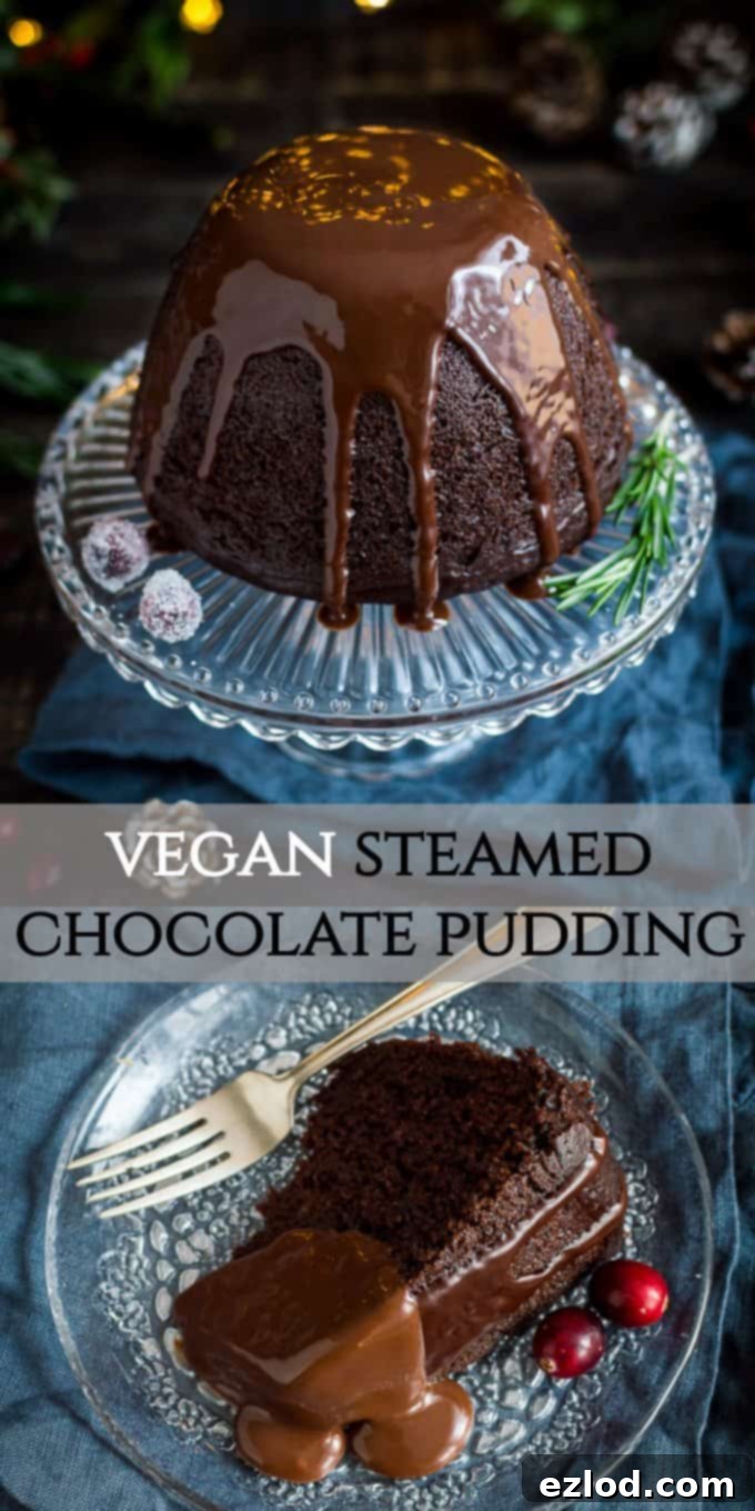 Pinterest image for vegan steamed chocolate pudding featuring a decadent slice with chocolate sauce and festive decorations.
