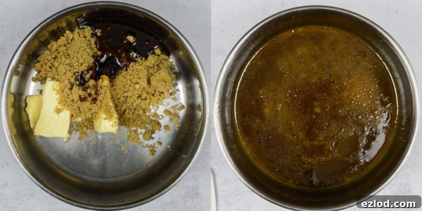 Step 3: Melting vegan butter, light brown soft sugar, and maple syrup in a pan over low heat, stirring until smooth and fully combined.