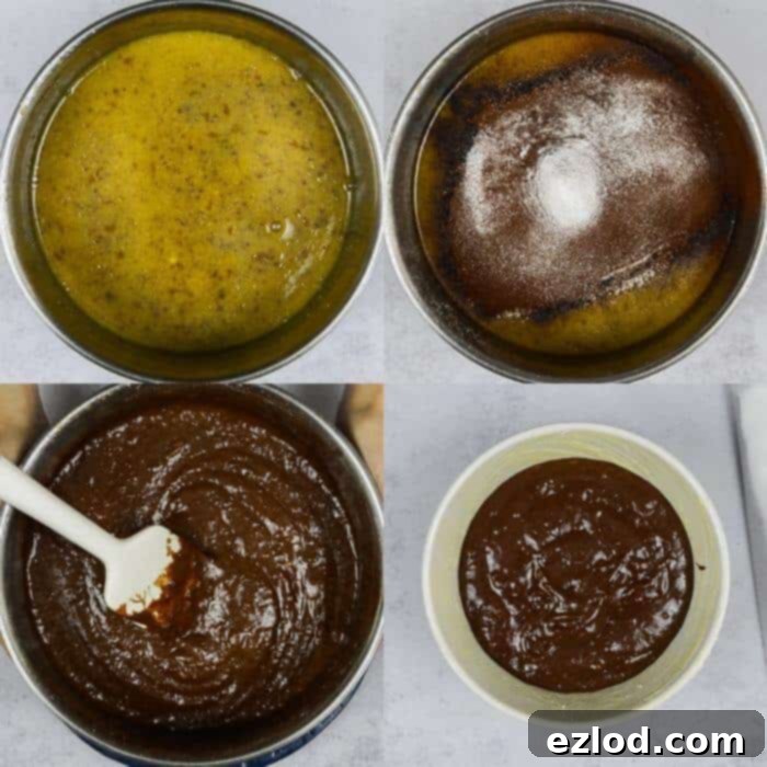 Step 4: Mixing dairy-free milk, vanilla extract, flax egg, flour, cocoa powder, and bicarbonate of soda into the melted ingredients to form a smooth chocolate pudding batter.