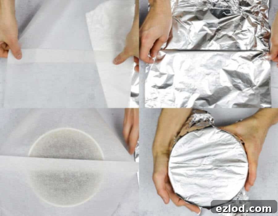 Step 5: Covering the pudding basin with a folded square of baking parchment, followed by a larger square of tin foil, pressing the foil firmly around the edges.