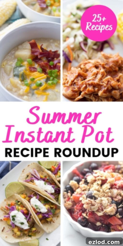 Food photo collage with pink and black text on a white rectangle - summer Instant Pot recipe round up featuring various healthy dishes like tacos, zucchini boats, and crisps.