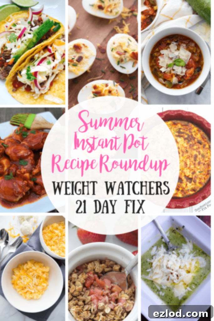 Photo collage with the text overlay- Summer Instant Pot Recipe Roundup, Weight Watchers, 21 Day Fix