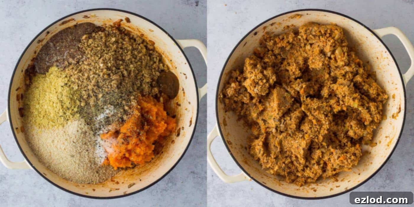 Step-by-step image of all ingredients - chopped nuts, sautéed vegetables, mashed squash, flax egg, breadcrumbs, and seasonings - being mixed in a large bowl for the vegan nut roast.