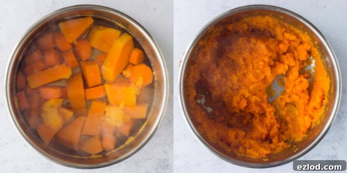 Step-by-step image showing cooked butternut squash and carrots being mashed, forming a soft vegetable base for the vegan nut roast.