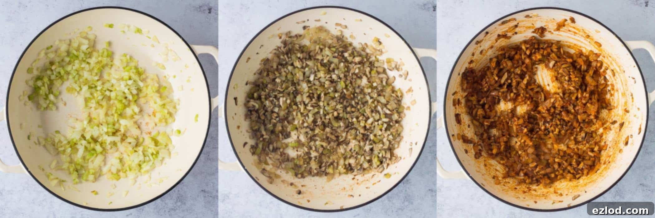 Step-by-step image showing finely chopped onions, celery, chestnut mushrooms, and garlic being sautéed in a pan for the vegan nut roast base.