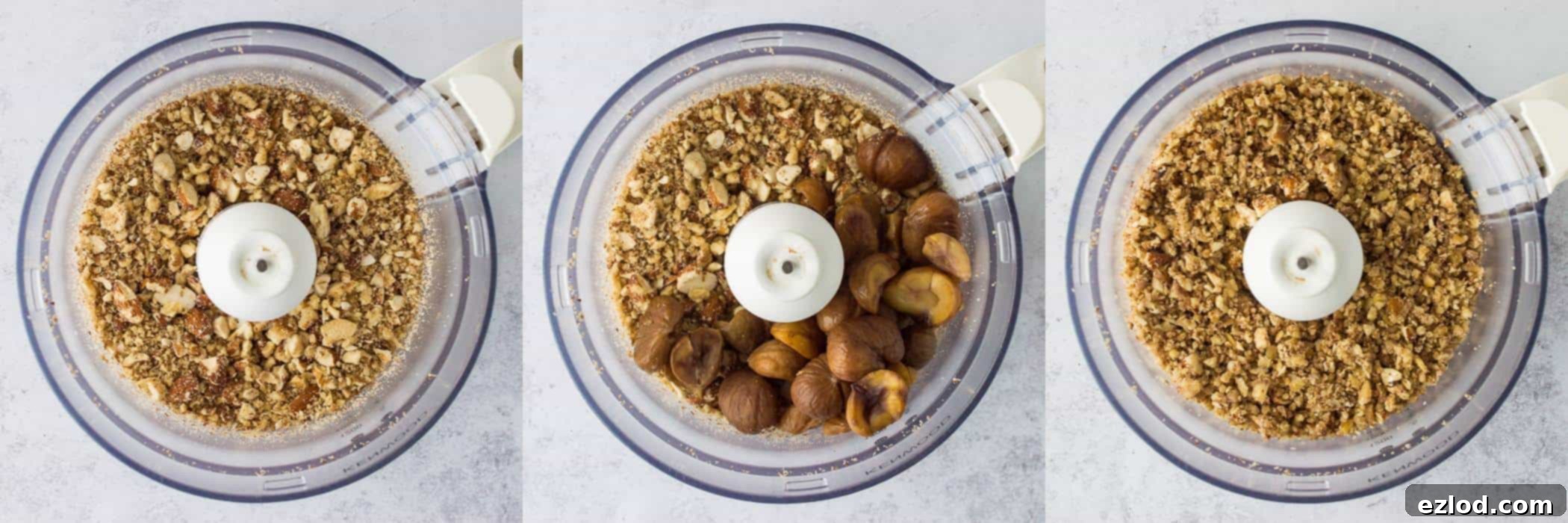 Step-by-step image demonstrating the pulsing of mixed nuts and cooked chestnuts in a food processor, ensuring a chunky, not floury, texture for the nut roast.