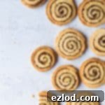 Vegan Cinnamon Swirl Delights 11 Vegan cinnamon swirl cookies arranged on a grey background with a bite taken out of one.