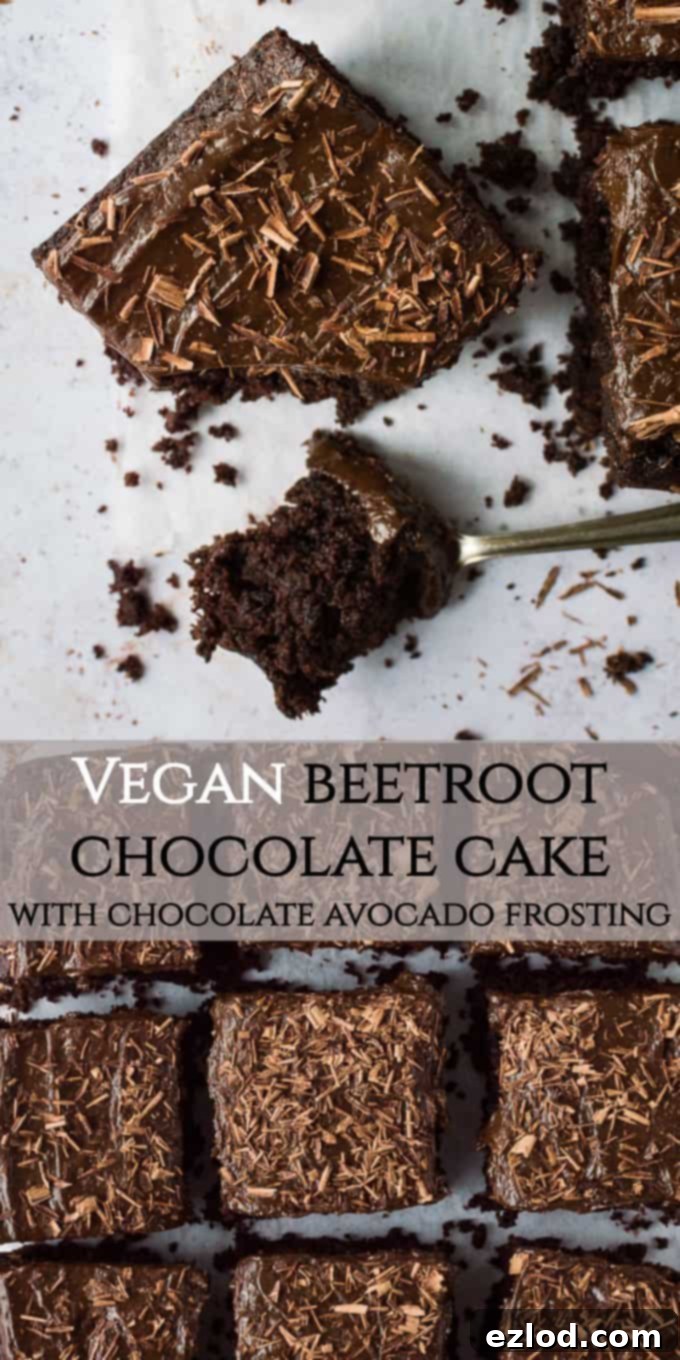 Vegan beetroot chocolate cake with chocolate avocado frosting - a moist, fudgy chocolate cake with hidden veg, topped with a creamy chocolate avocado frosting; a delicious treat that is a little bit better for you! #chocolatecake #vegan #vegancake #veganbaking Pinterest image for vegan beetroot chocolate cake featuring a slice of cake with frosting and chocolate shavings, emphasizing its deliciousness and vegan nature.